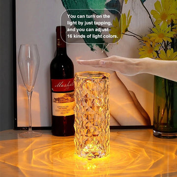 16-Color Crystal Table Lamp Touch Remote Diamond Rose Lamp Room Decor Atmosphere Bedsid Night Light Desktop Projector Lights