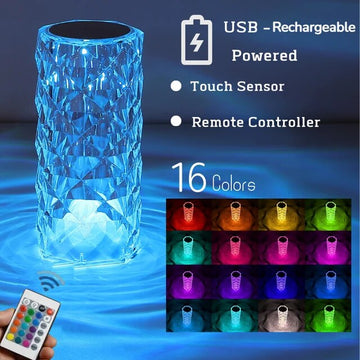 16-Color Crystal Table Lamp Touch Remote Diamond Rose Lamp Room Decor Atmosphere Bedsid Night Light Desktop Projector Lights